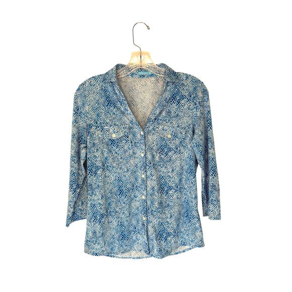 J. McLaughlin Button Up Blouse Blue White Stretch Croc Print V-Neck Size XS - Picture 1 of 11